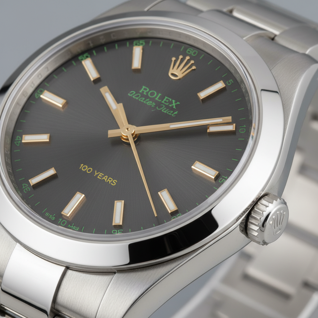 Rolex Oyster Perpetual 100 Years dial close-up showing 100 Years inscription and green accents