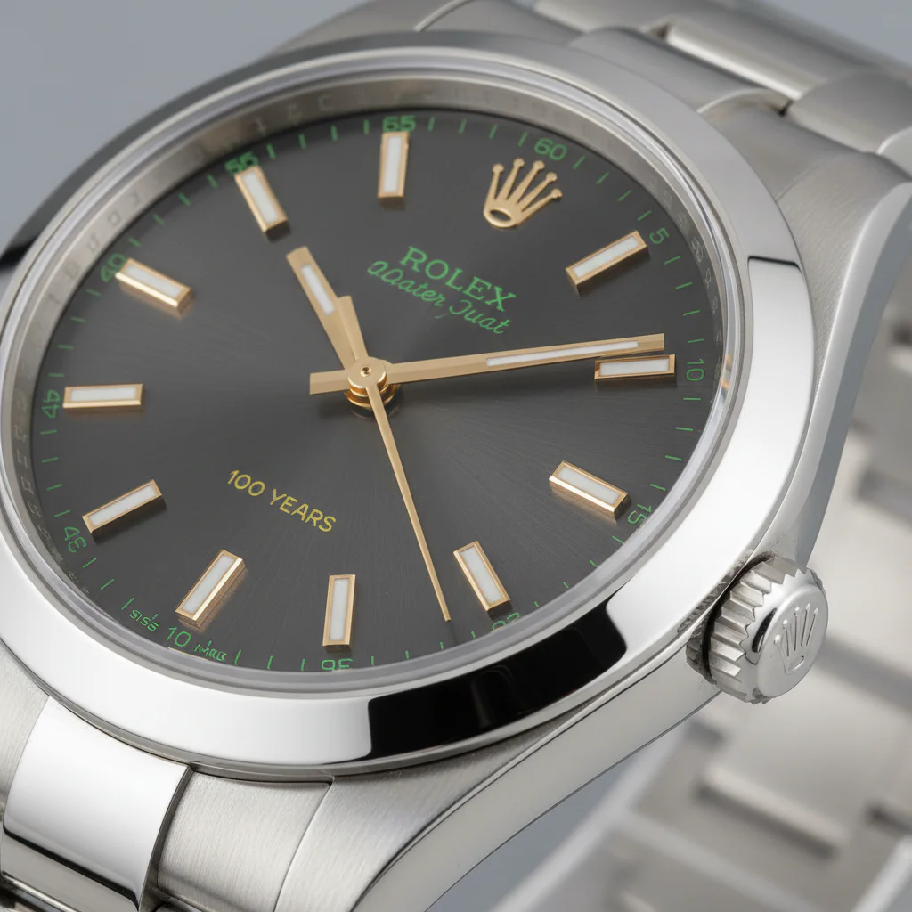 Rolex Oyster Perpetual 100 Years dial close-up showing 100 Years inscription and green accents