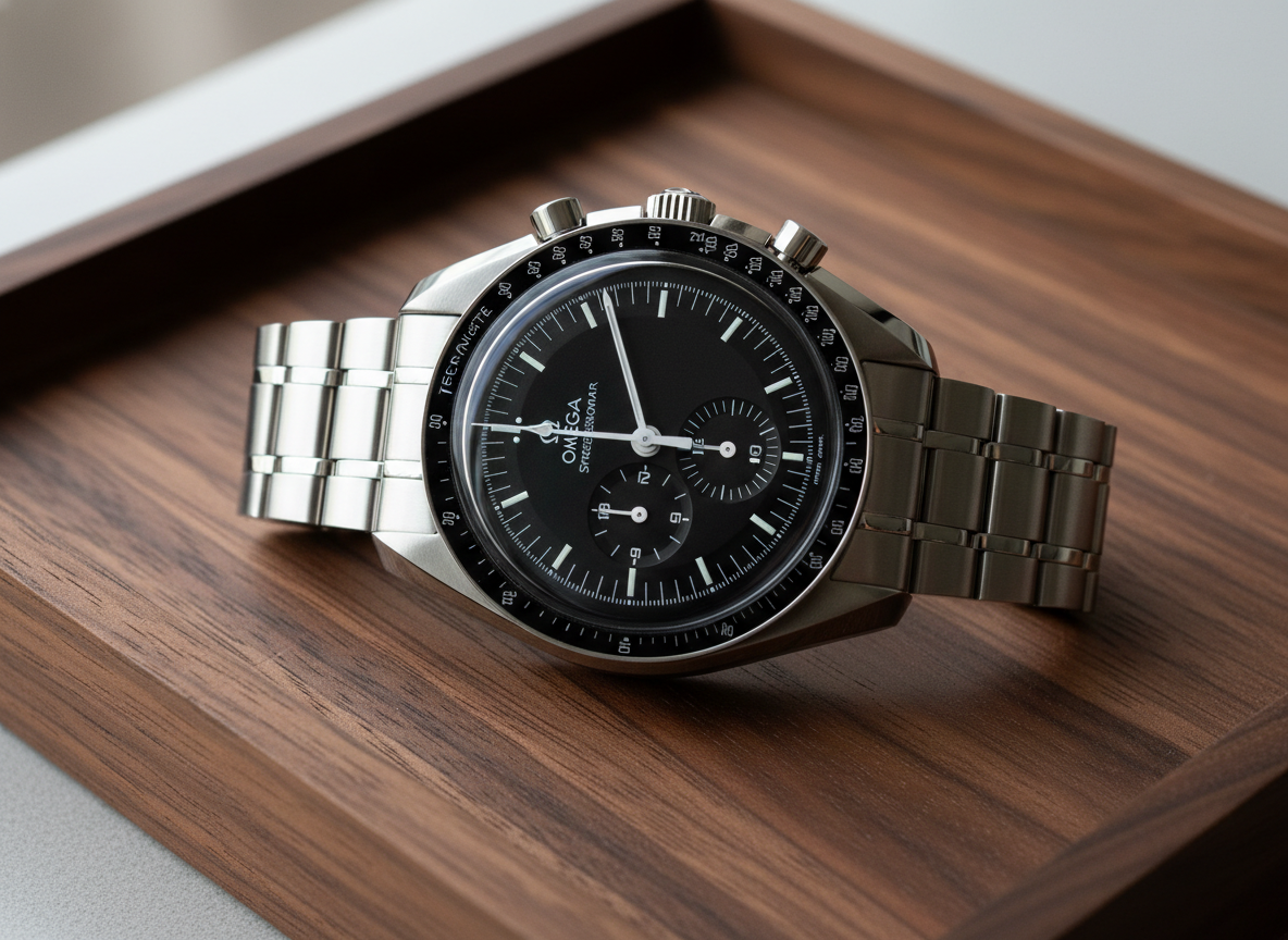 Omega Speedmaster Professional Moonwatch reference 310.30.42.50.01.001 hesalite crystal black step dial product shot on dark walnut watch tray