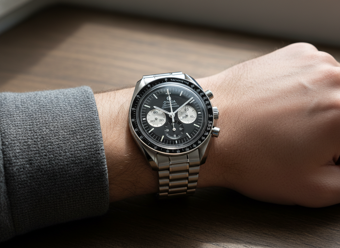 Omega Speedmaster Professional Moonwatch reference 310.30.42.50.01.001 worn on a man's wrist with grey wool sweater cuff visible