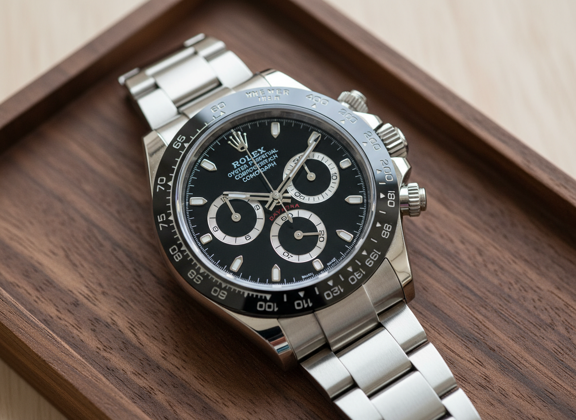 Rolex Cosmograph Daytona reference 126500LN black dial Cerachrom bezel hero product shot on dark walnut watch tray