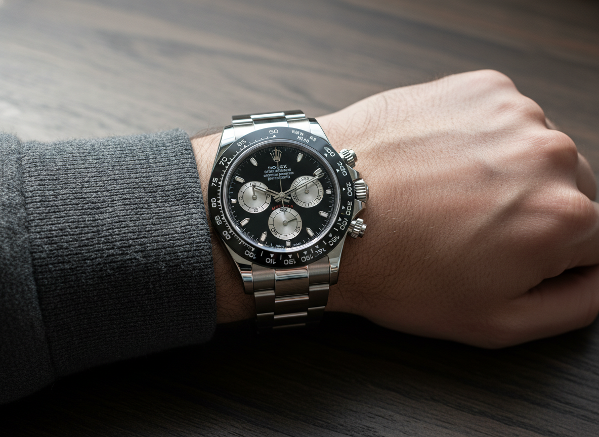 Rolex Cosmograph Daytona reference 126500LN black dial worn on a man's wrist with grey wool sweater cuff visible