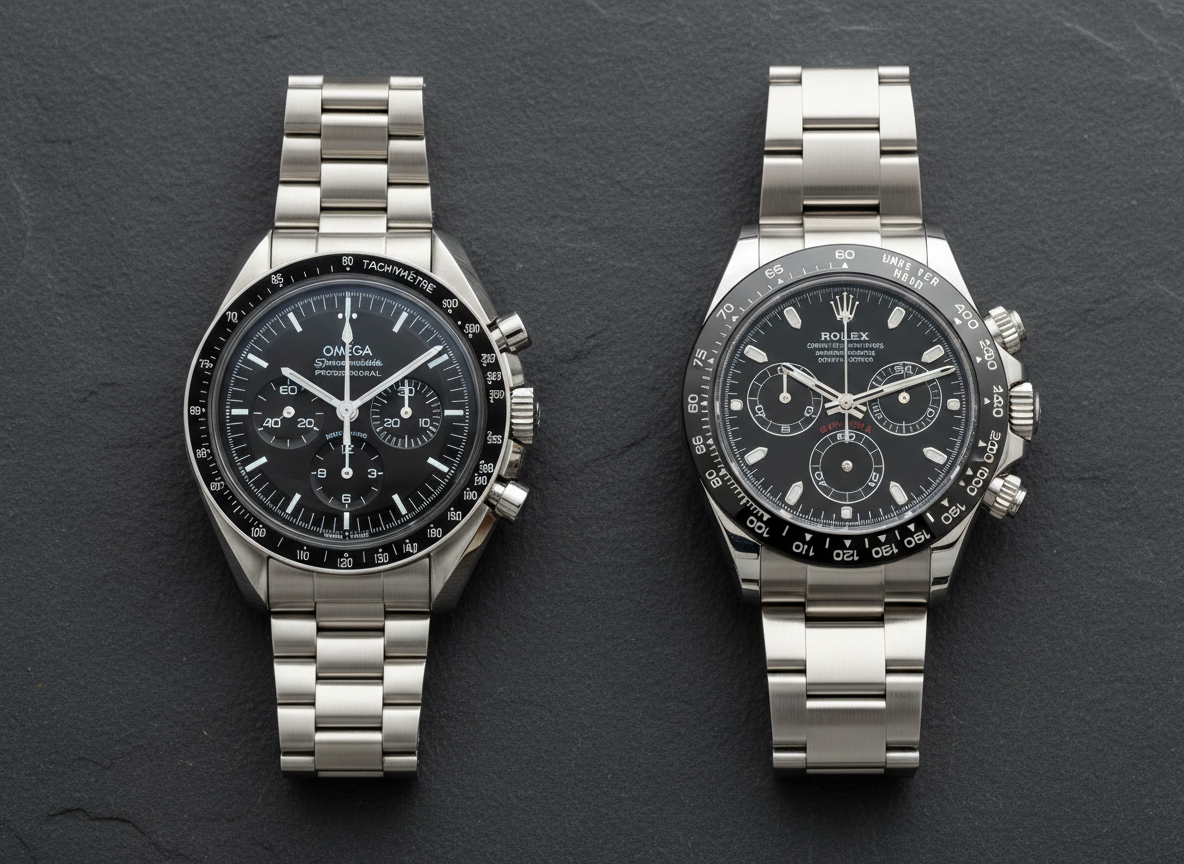 Top-down comparison of Omega Speedmaster Professional Moonwatch and Rolex Daytona 126500LN side by side showing case profile and bezel differences