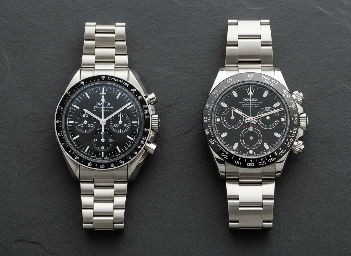 Top-down comparison of Omega Speedmaster Professional Moonwatch and Rolex Daytona 126500LN side by side showing case profile and bezel differences