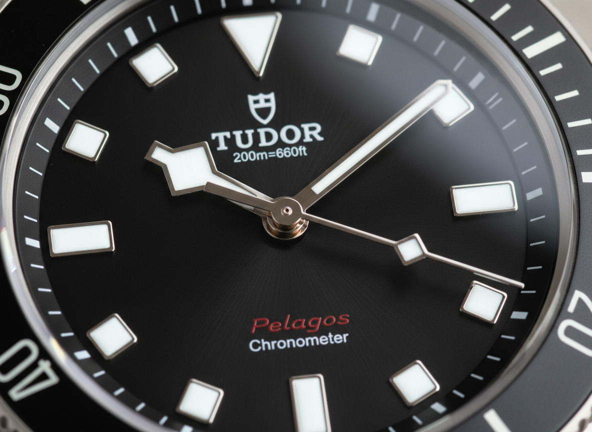 Tudor Pelagos 39 dial close-up showing snowflake hands red Pelagos text and ceramic block hour markers