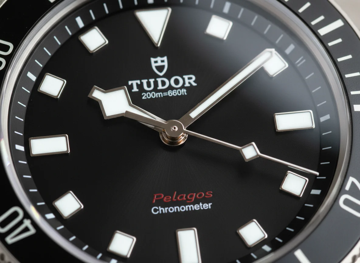 Tudor Pelagos 39 dial close-up showing snowflake hands red Pelagos text and ceramic block hour markers