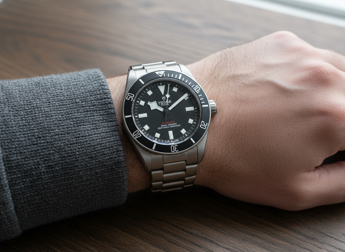 Tudor Pelagos 39 worn on man's wrist with grey wool sweater cuff visible