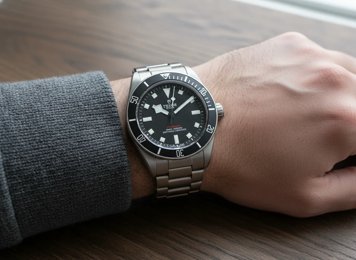 Tudor Pelagos 39 worn on man's wrist with grey wool sweater cuff visible