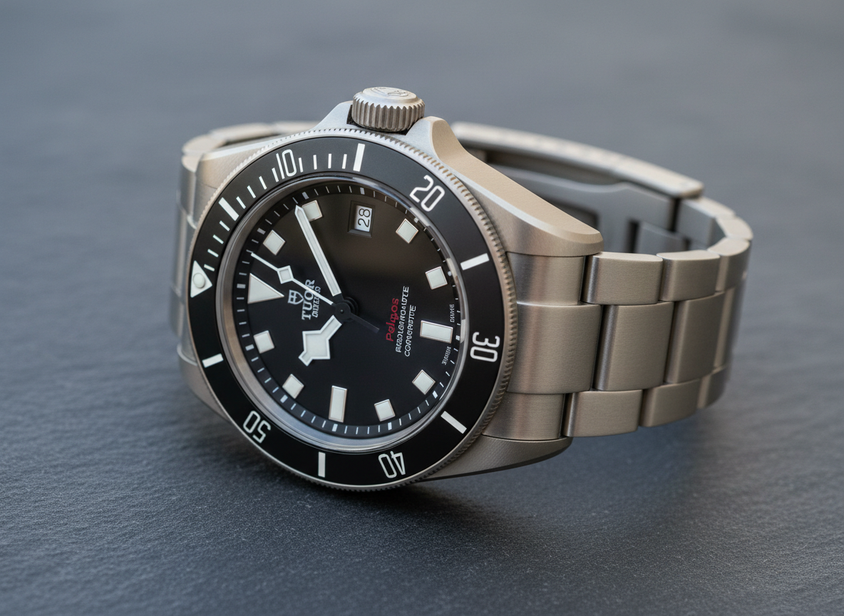 Tudor Pelagos 39 angled three-quarter view showing ceramic bezel insert texture and titanium crown