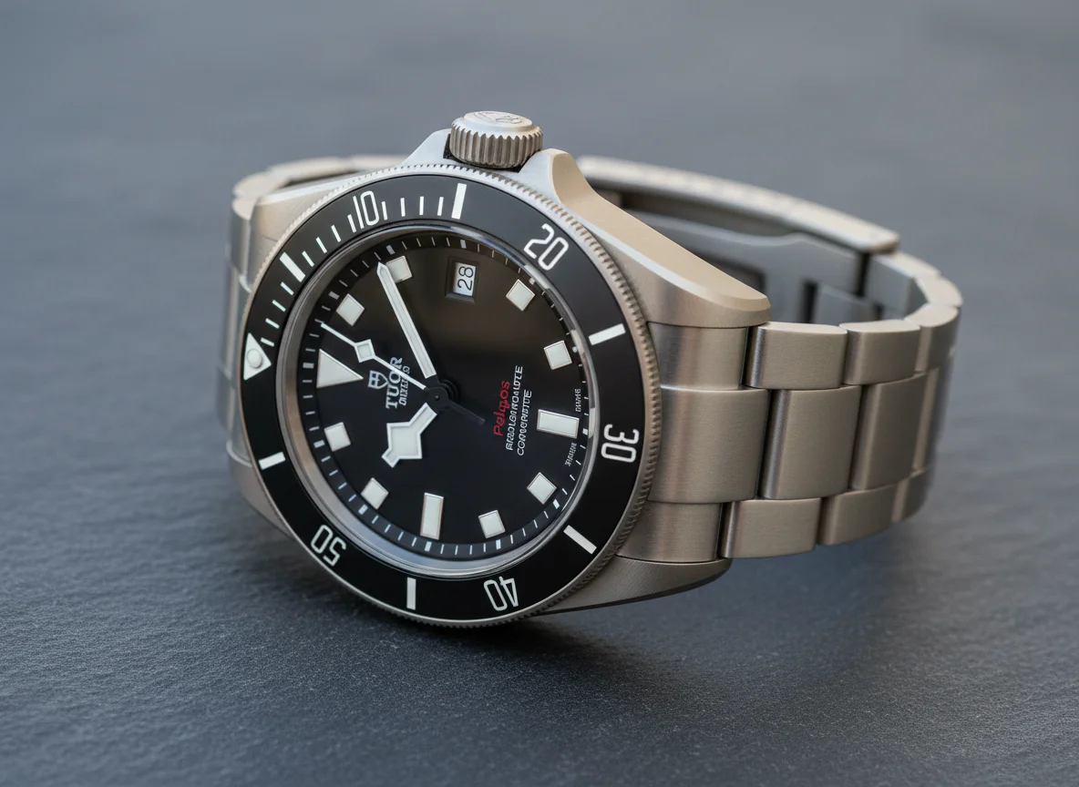 Tudor Pelagos 39 angled three-quarter view showing ceramic bezel insert texture and titanium crown