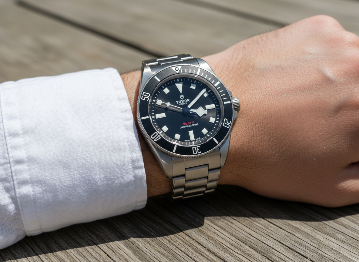 Tudor Pelagos 39 lifestyle wrist shot worn outdoors over a white linen shirt cuff in natural daylight