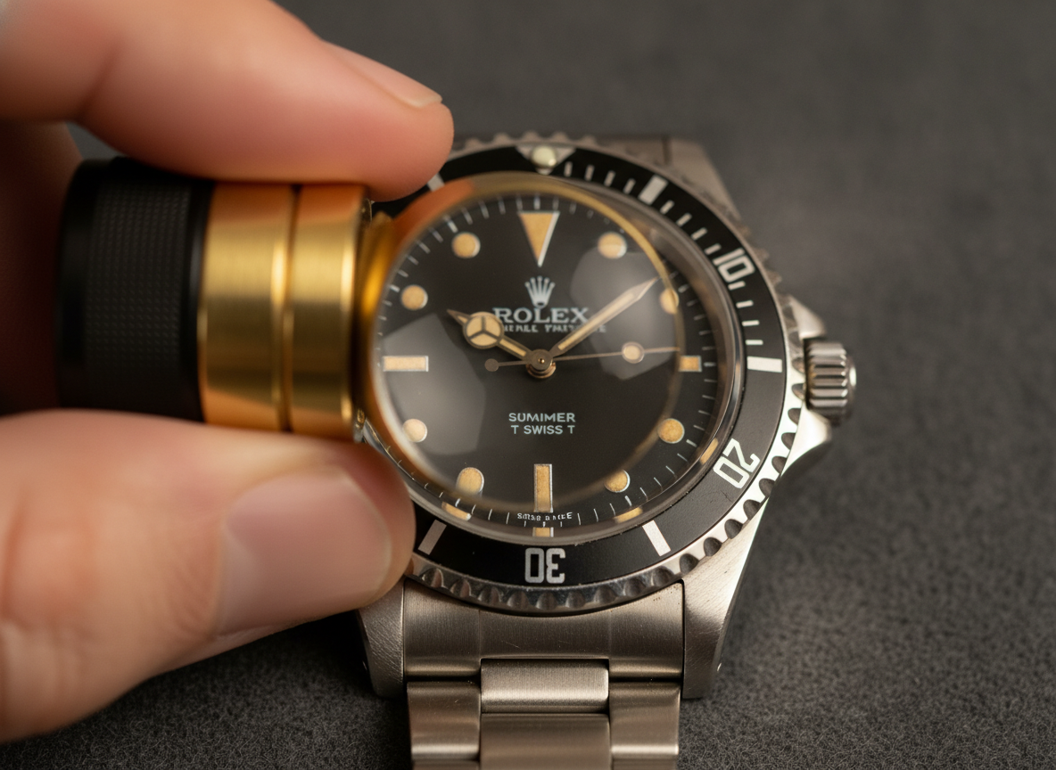 Watchmaker's loupe held over a vintage Rolex dial showing close inspection of dial printing detail at 6 o'clock position