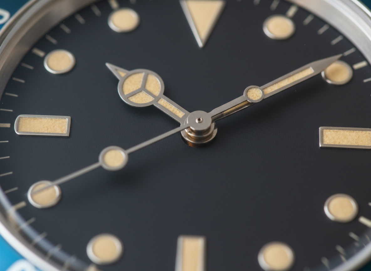 Macro close-up of vintage Rolex Mercedes-style hour hand and minute hand showing aged tritium lume detail