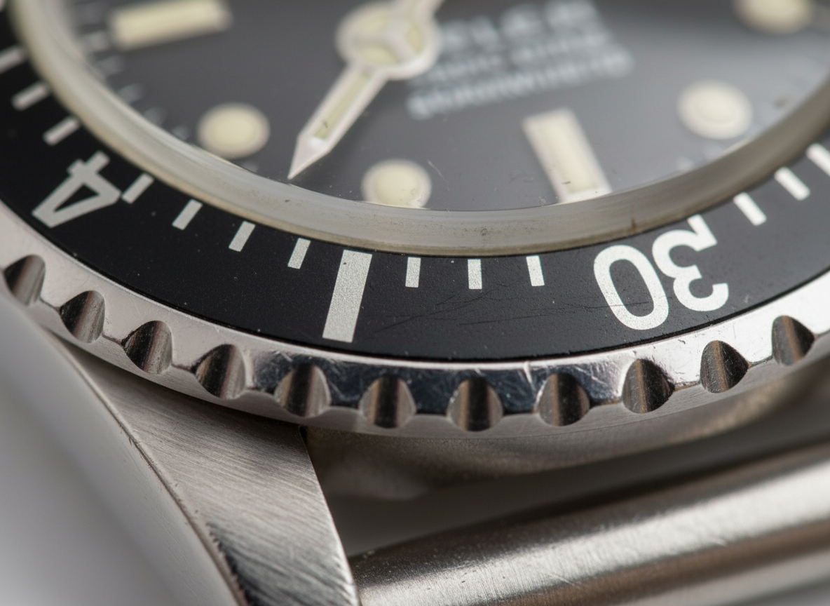 Macro close-up of vintage Rolex Submariner black aluminum bezel insert showing typography and minute markers