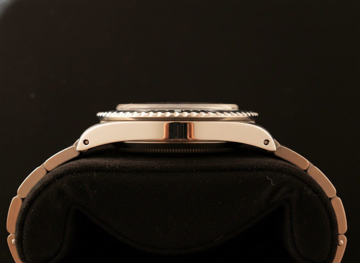Side profile of a vintage Rolex case showing lug shape thickness and crown guard geometry for authentication