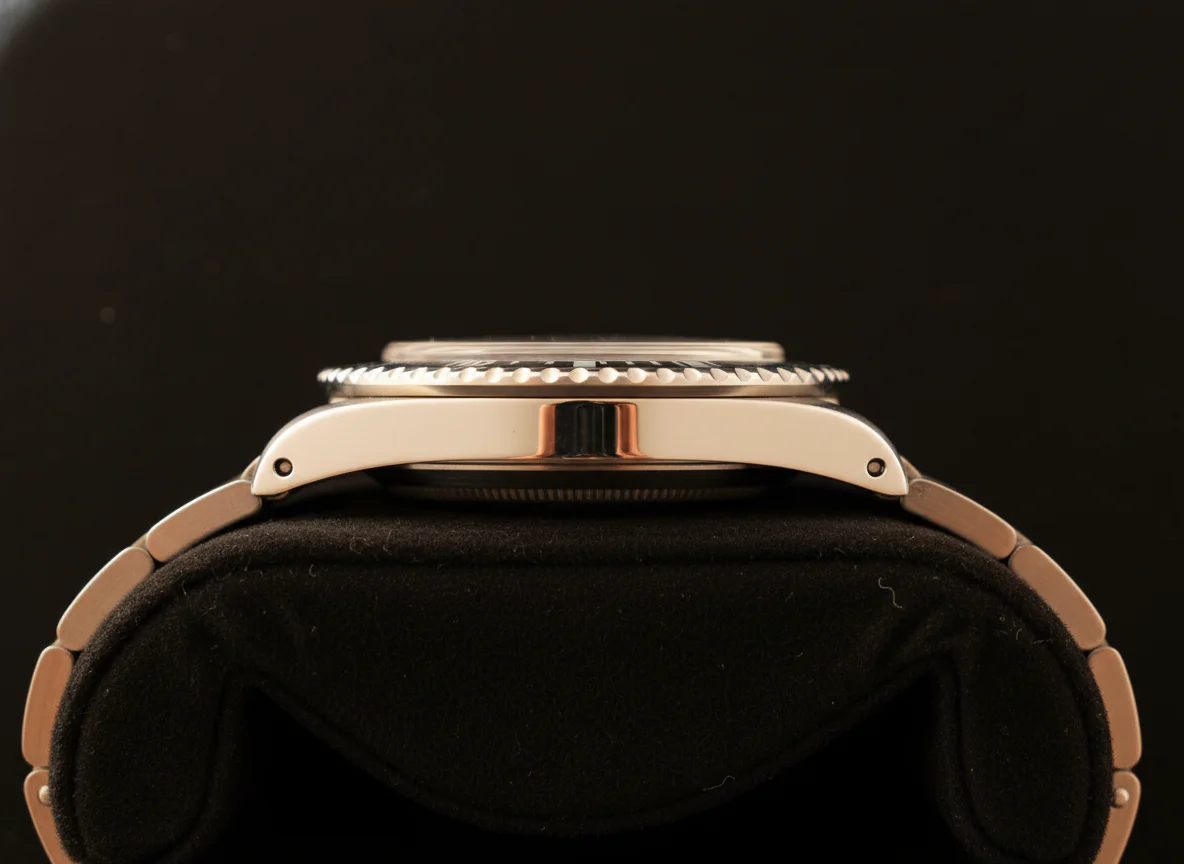 Side profile of a vintage Rolex case showing lug shape thickness and crown guard geometry for authentication