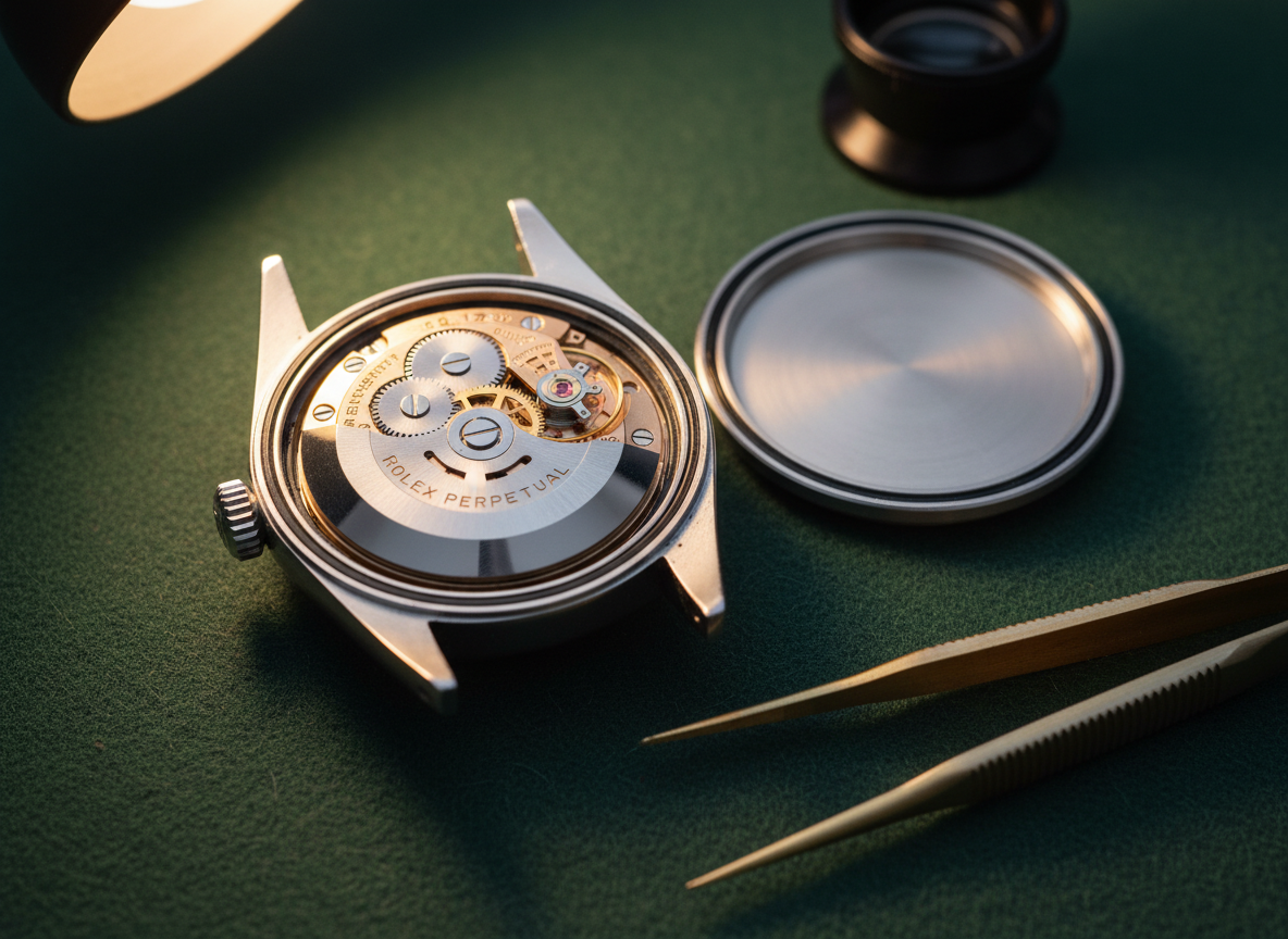 Watchmaker inspecting a vintage Rolex movement caliber 1570 with the watch caseback removed showing rotor and bridges