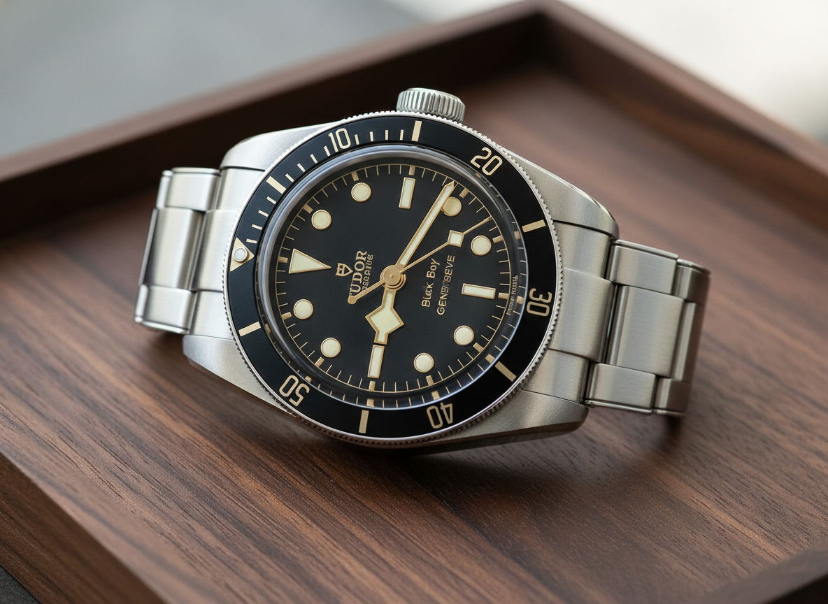 Tudor Black Bay 58 reference 79030N black dial gilt accents snowflake hands hero shot on dark wood tray