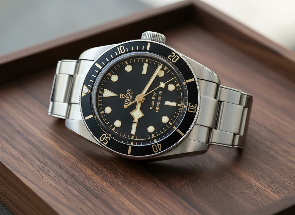 Tudor Black Bay 58 reference 79030N black dial gilt accents snowflake hands hero shot on dark wood tray