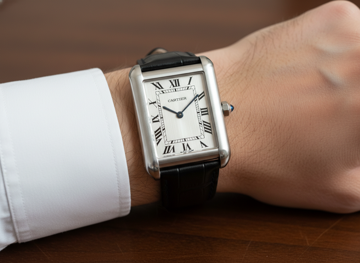 Cartier Tank Solo style dress watch on a man's wrist with white dress shirt cuff visible
