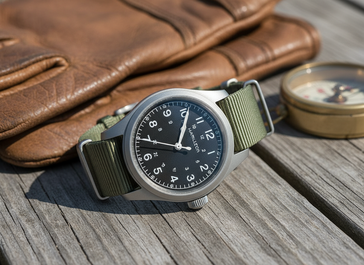 Hamilton Khaki Field Mechanical 38mm field watch on green canvas NATO strap on weathered wood with leather gloves