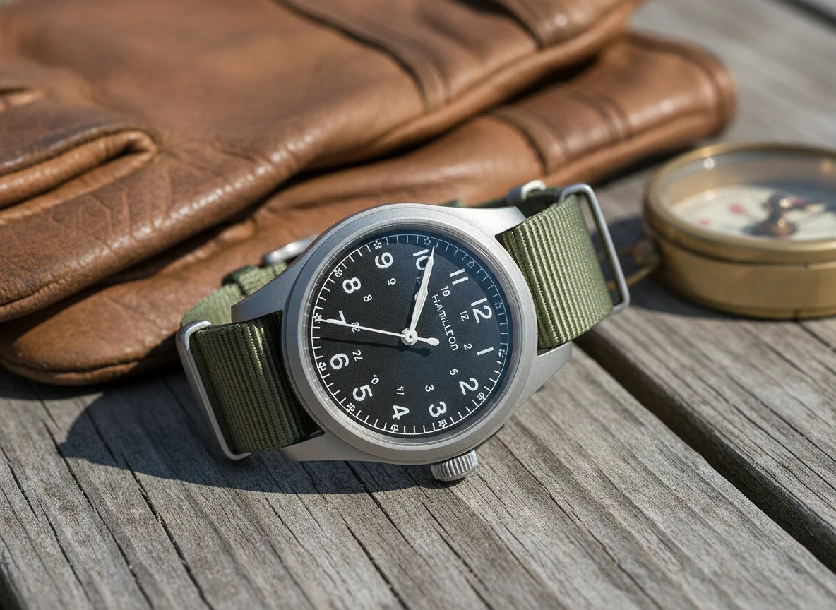 Hamilton Khaki Field Mechanical 38mm field watch on green canvas NATO strap on weathered wood with leather gloves