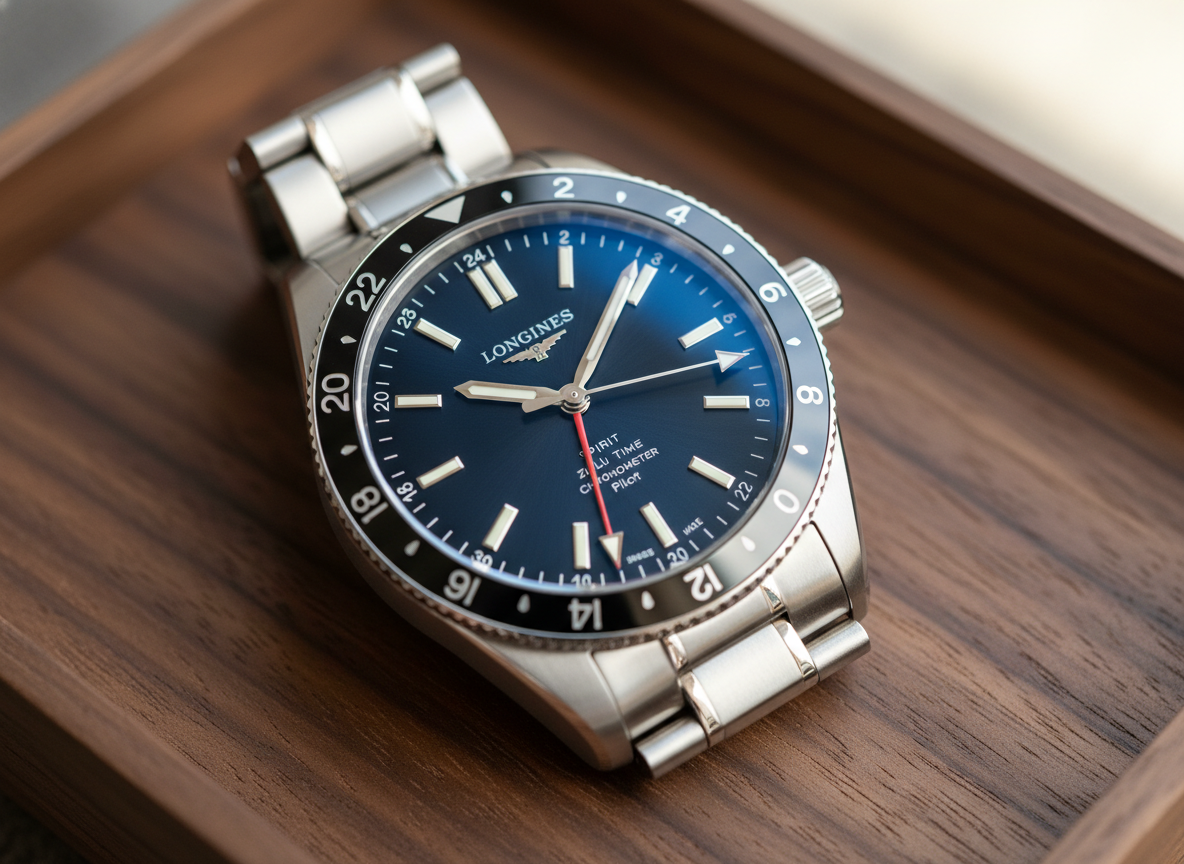 Longines Spirit Zulu Time GMT watch with blue dial 24-hour bezel and red GMT hand on stainless steel bracelet