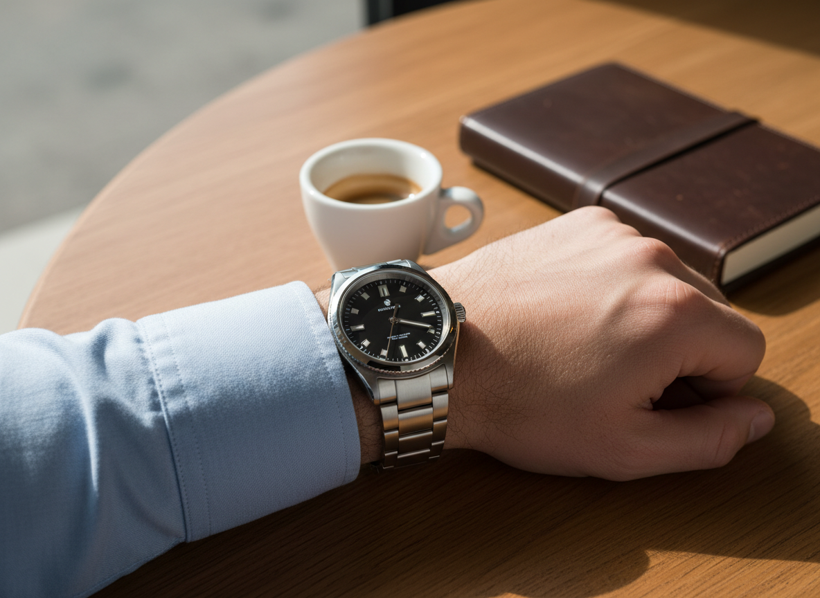 Steel sport watch on a man's wrist with light blue oxford shirt cuff at a wooden cafe table with coffee cup
