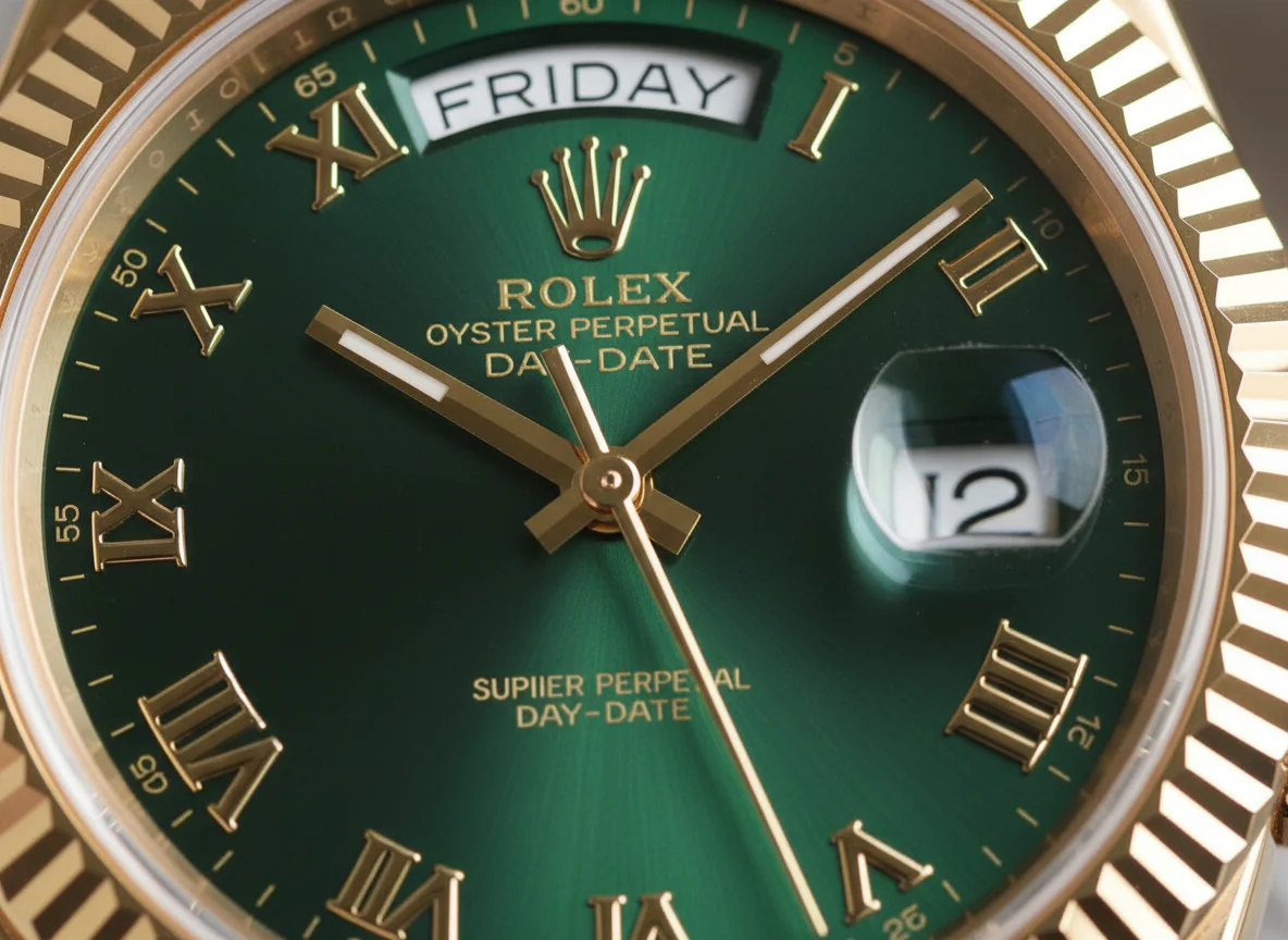 Rolex Day-Date 40 yellow gold green Roman Money dial reference 228238 dial detail close-up