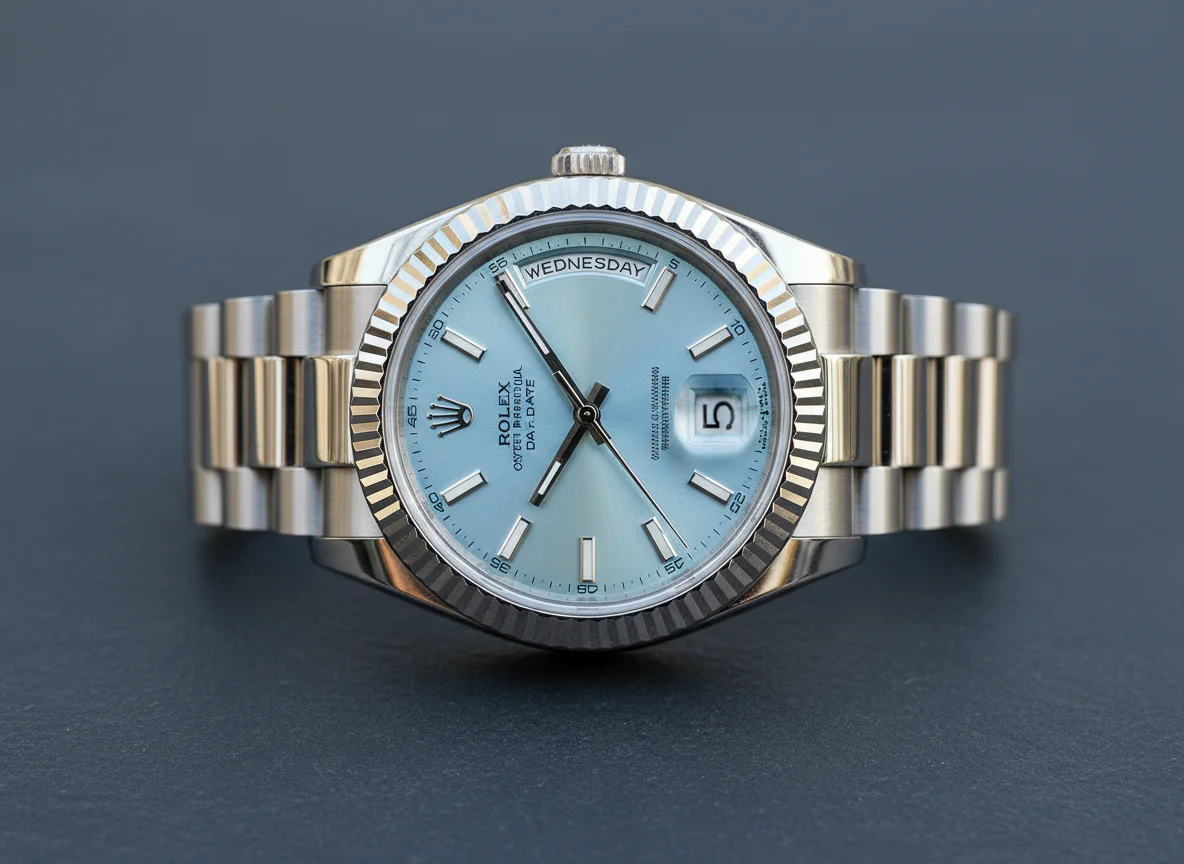 Rolex Day-Date 40 white gold reference 228239 ice blue dial President bracelet detail