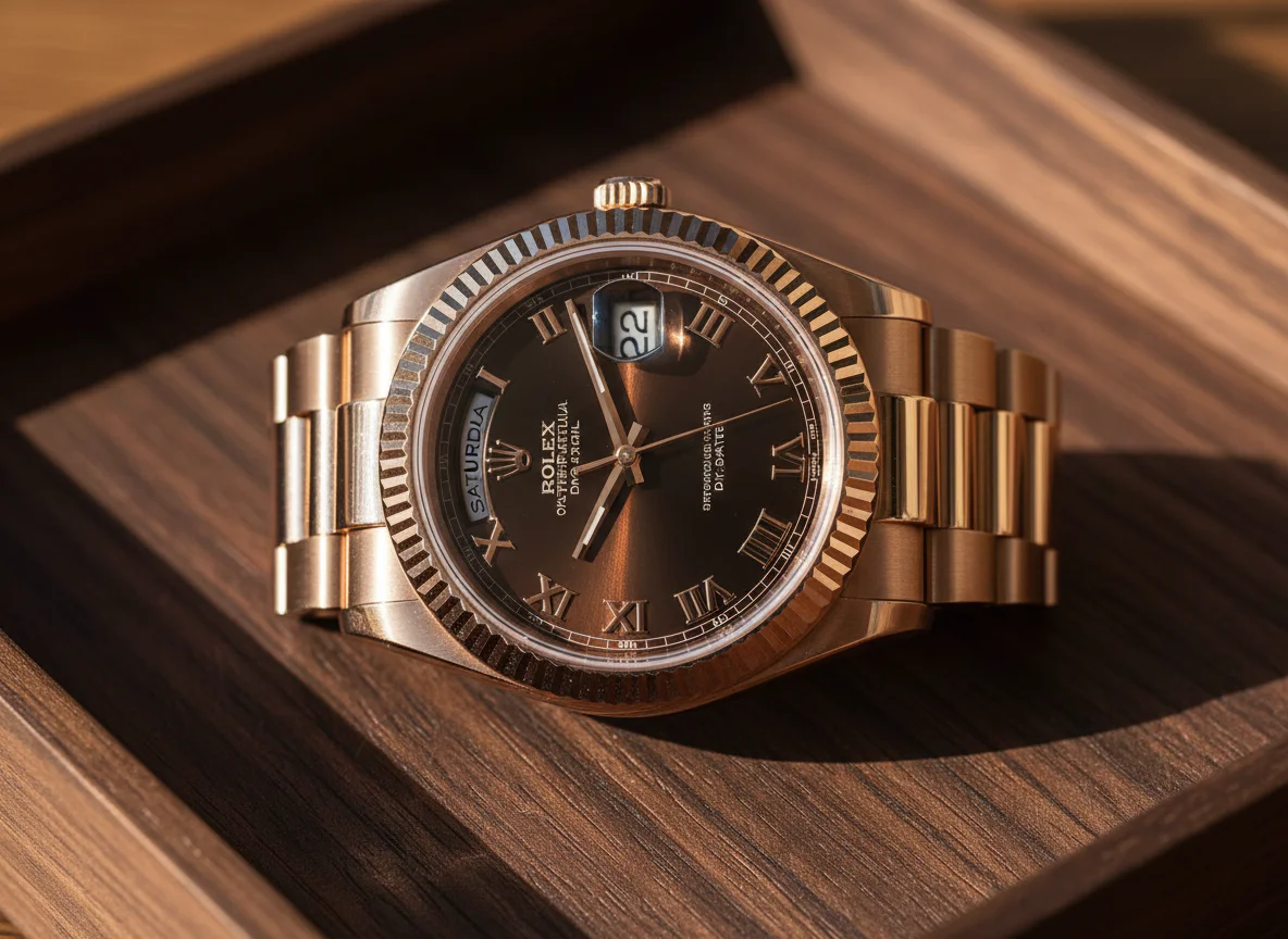 Rolex Day-Date 40 Everose gold reference 228235 chocolate dial with sundust finish and Roman numerals