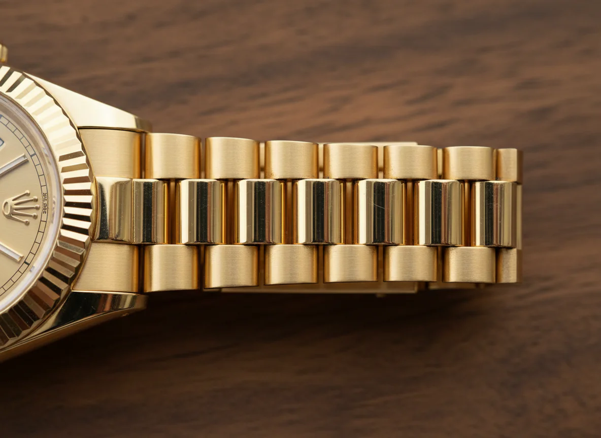 Rolex President bracelet macro detail showing semi-circular three-piece links in 18k yellow gold