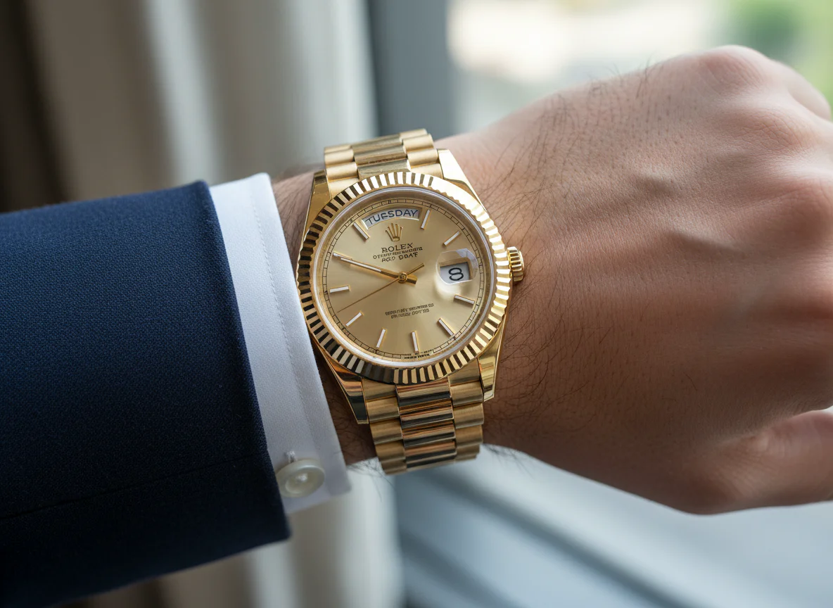 Rolex Day-Date yellow gold worn under a navy suit jacket cuff with white French cuff dress shirt visible