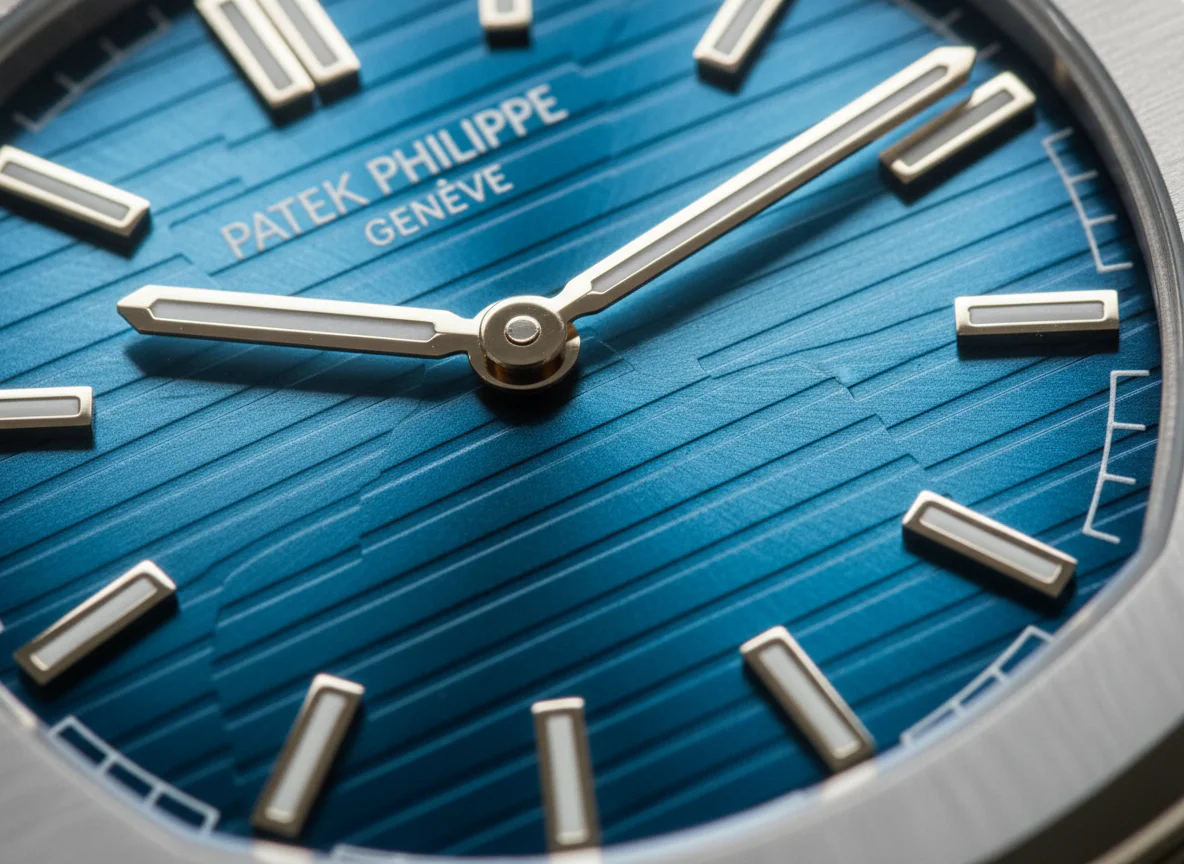 Patek Philippe Nautilus 5810/1G dial macro close-up showing horizontally embossed sunburst blue teak deck pattern
