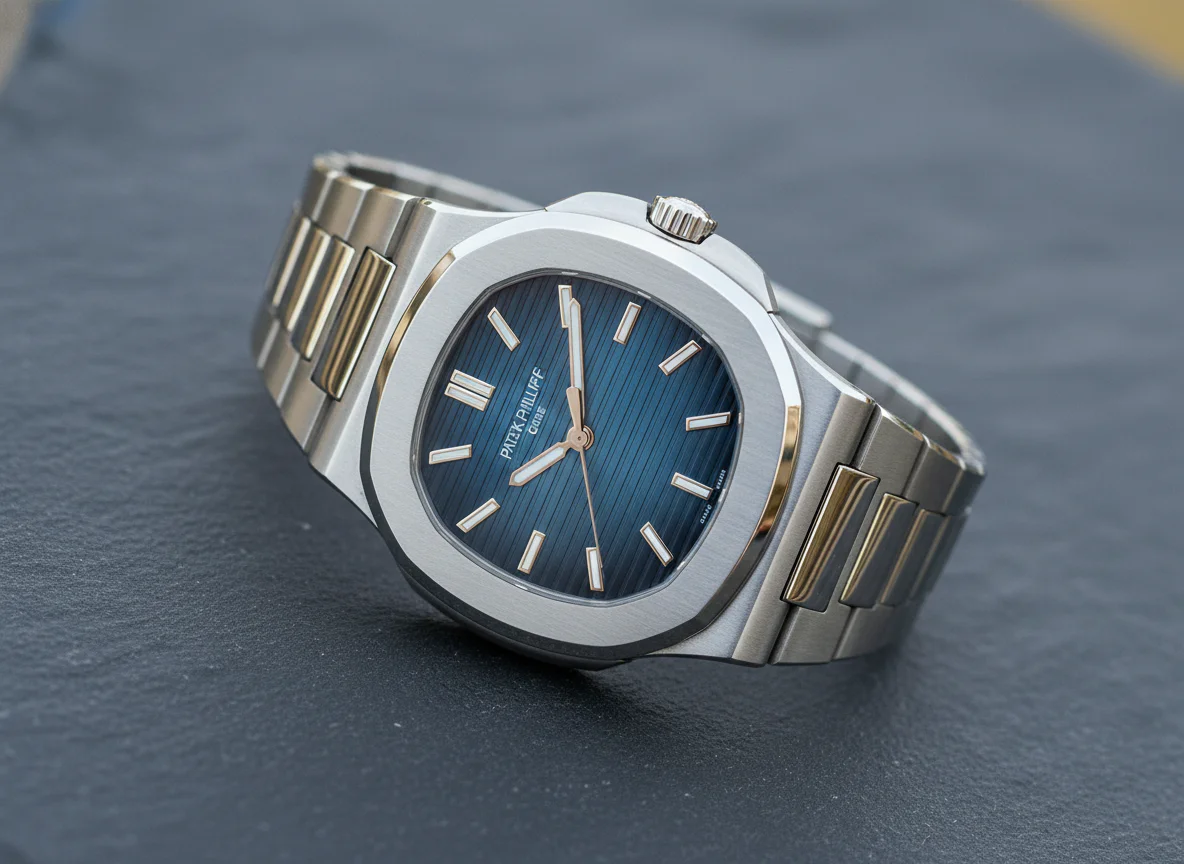 Patek Philippe Nautilus 5610/1P-001 38mm platinum case anniversary edition on platinum bracelet hero shot