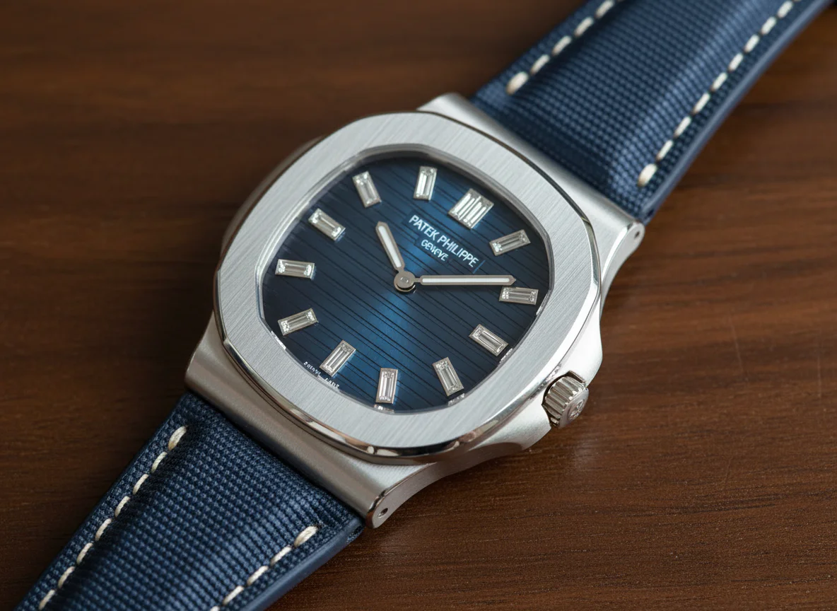 Patek Philippe Nautilus 5810G-001 white gold case with baguette diamond hour markers on navy blue composite strap