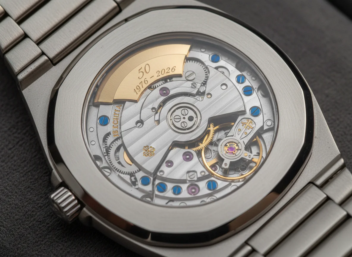 Patek Philippe caliber 240 movement viewed through caseback with 22k gold micro-rotor engraved 50 1976-2026 anniversary inscription
