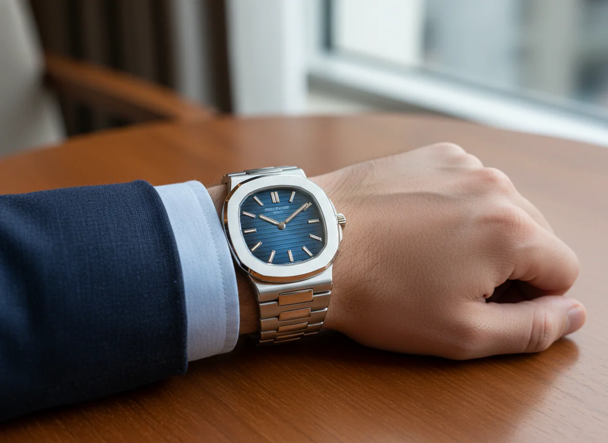 Patek Philippe Nautilus white gold worn on man's wrist showing ultra thin profile under a navy linen jacket cuff