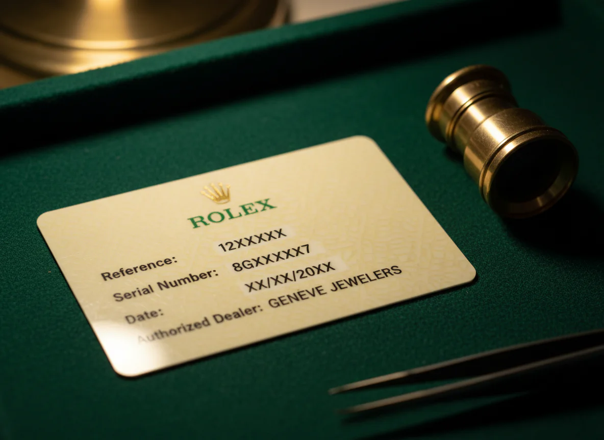 Close up of a Rolex warranty card on dark felt with watchmaker's loupe nearby for inspection