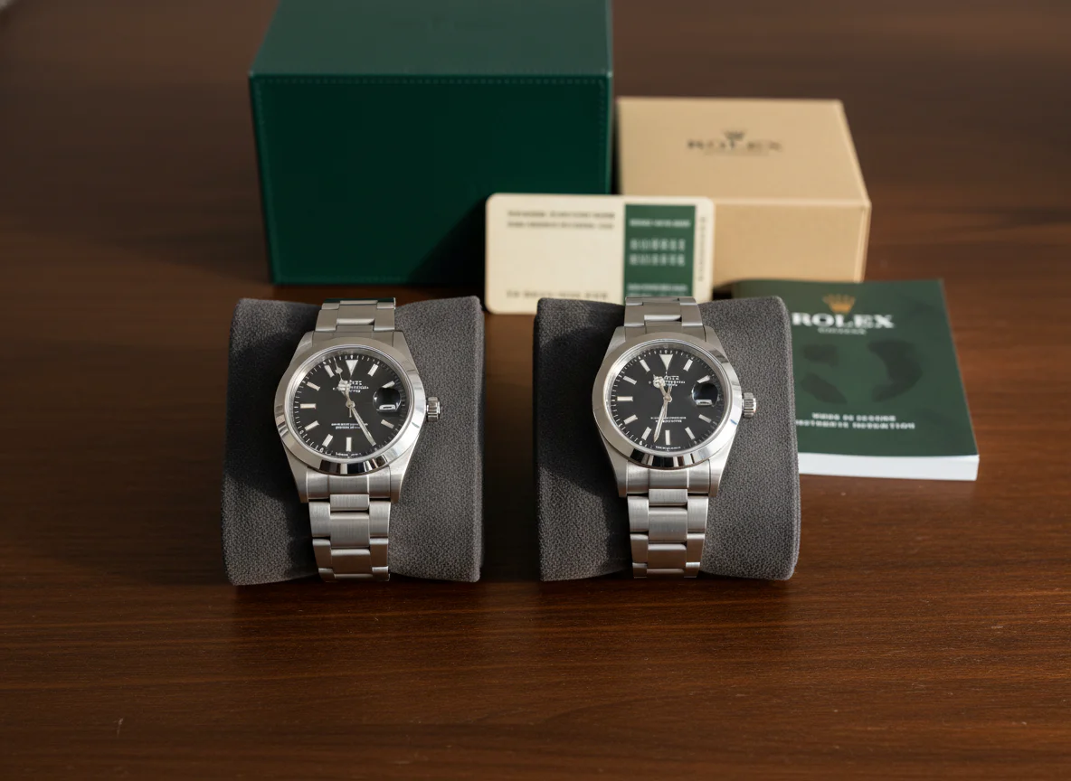 Watch dealer comparing two identical luxury watches side by side one with full set documentation one without