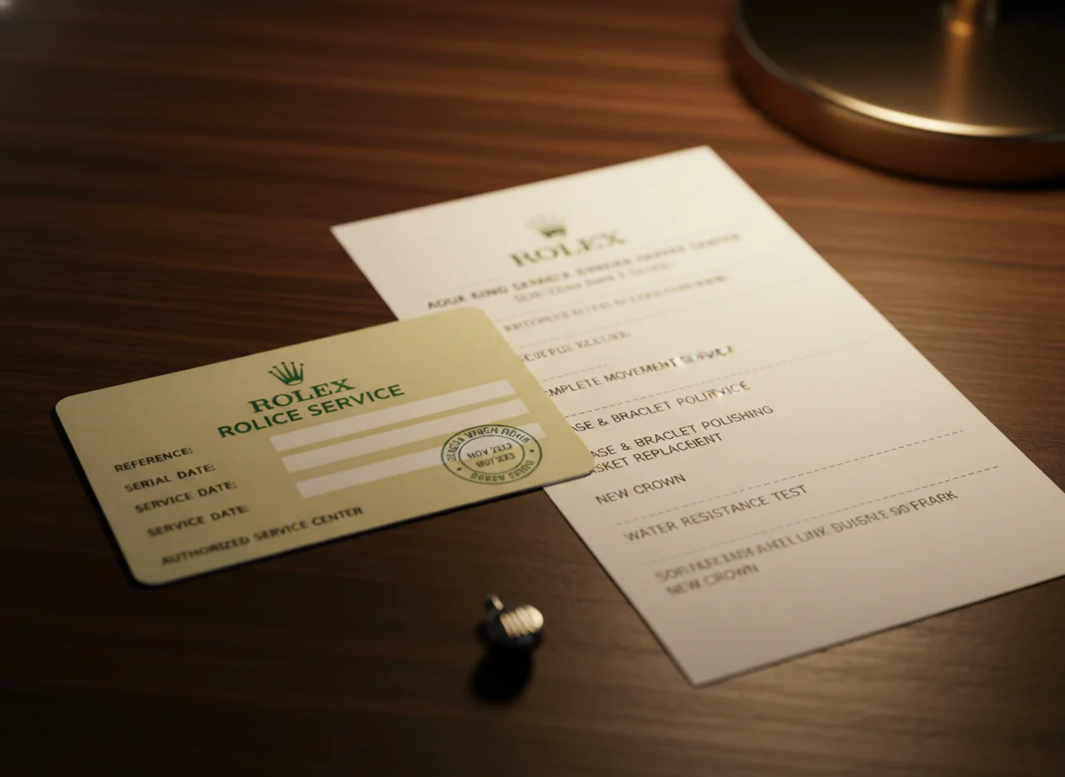 Rolex Service Card and service receipt documents close up on dealer desk showing recent service history