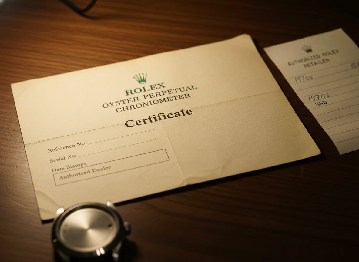 Vintage paper Rolex chronometer certificate from 1970s era with original receipt on weathered desk