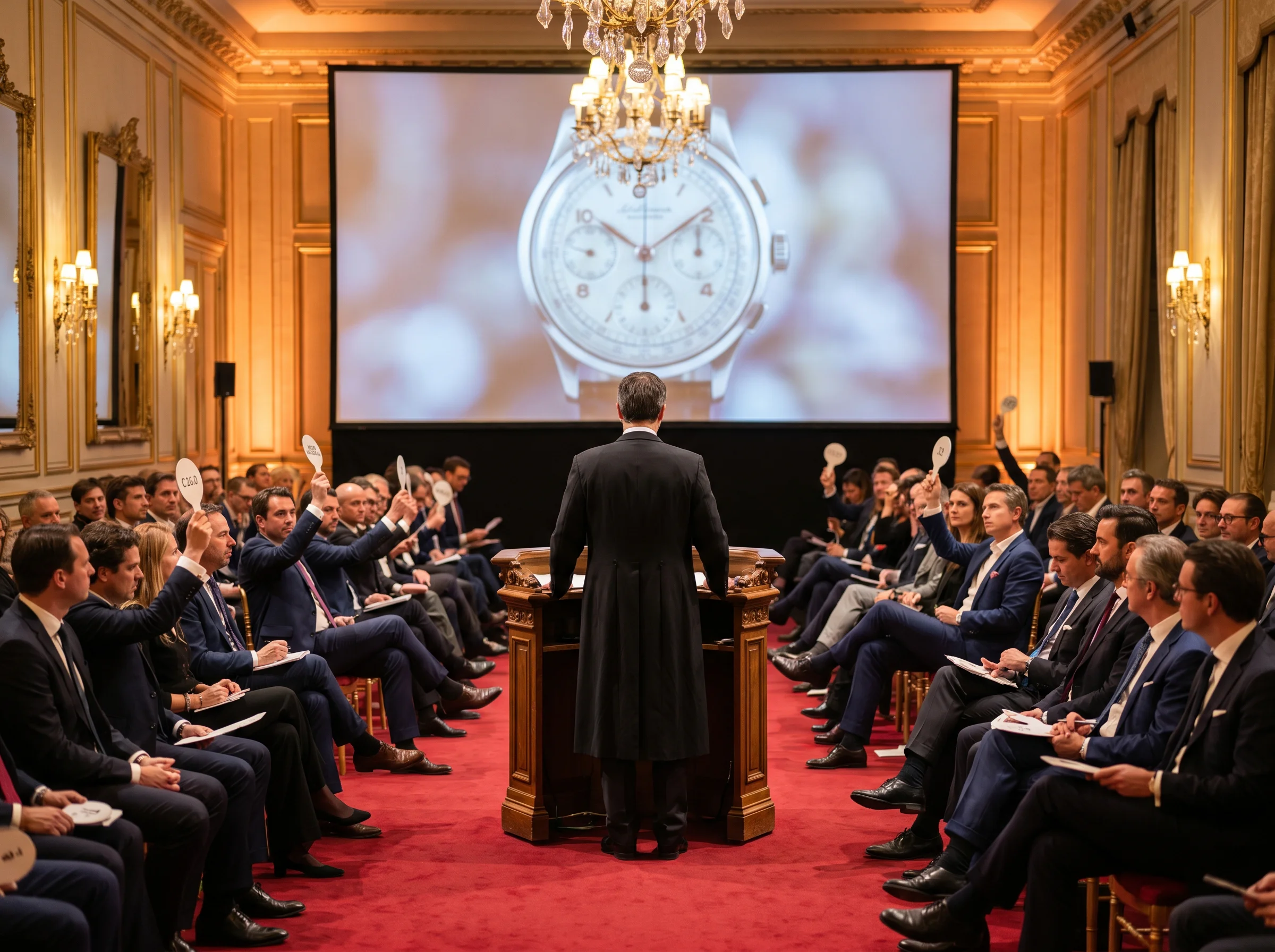Editorial photography of an auction salon interior with bidders raising paddles