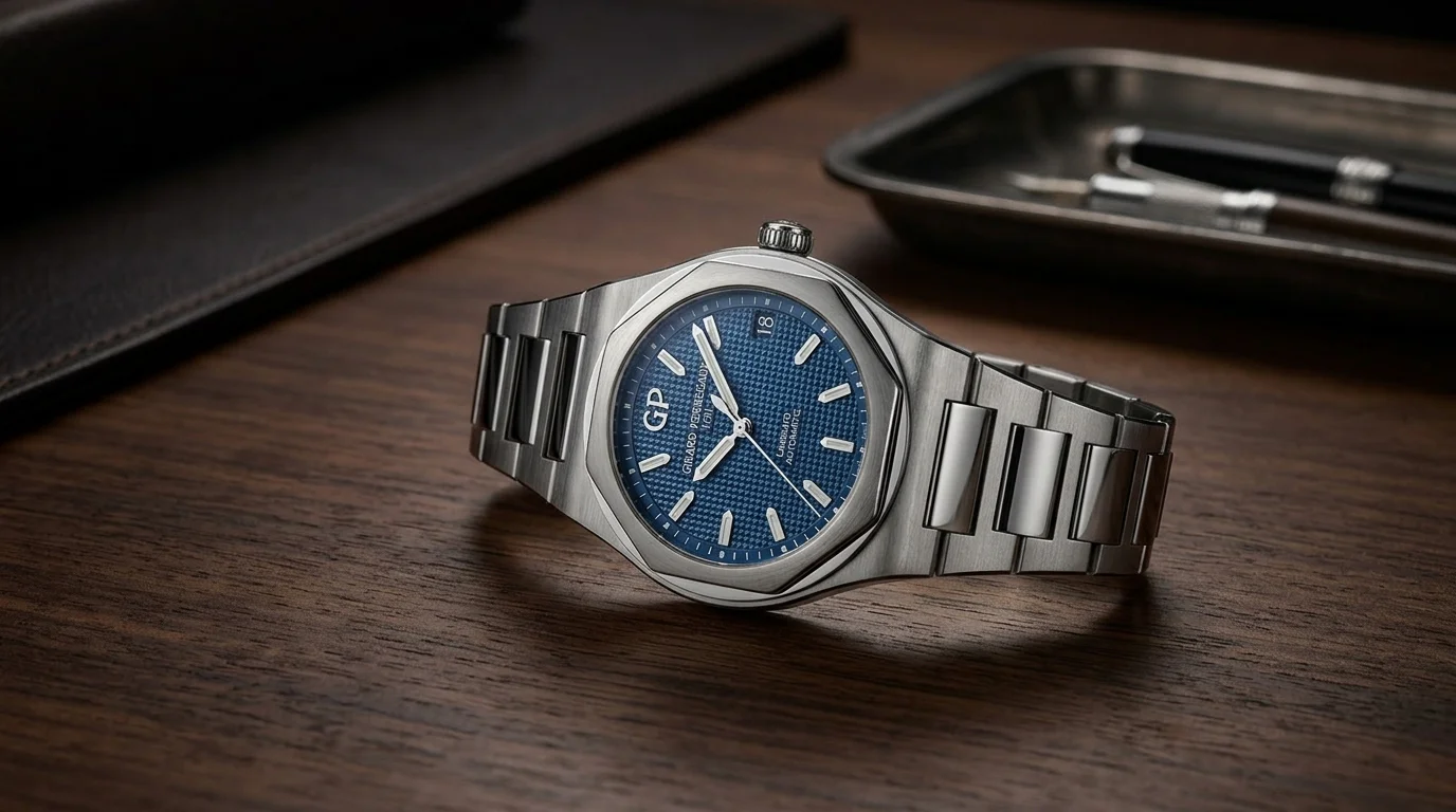 Girard-Perregaux Laureato 42mm on a dark wood desk showing the alternating polished and brushed octagonal bezel