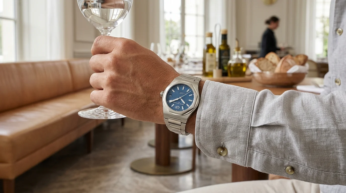 Girard-Perregaux Laureato 42mm worn on the wrist with shirt cuff visible