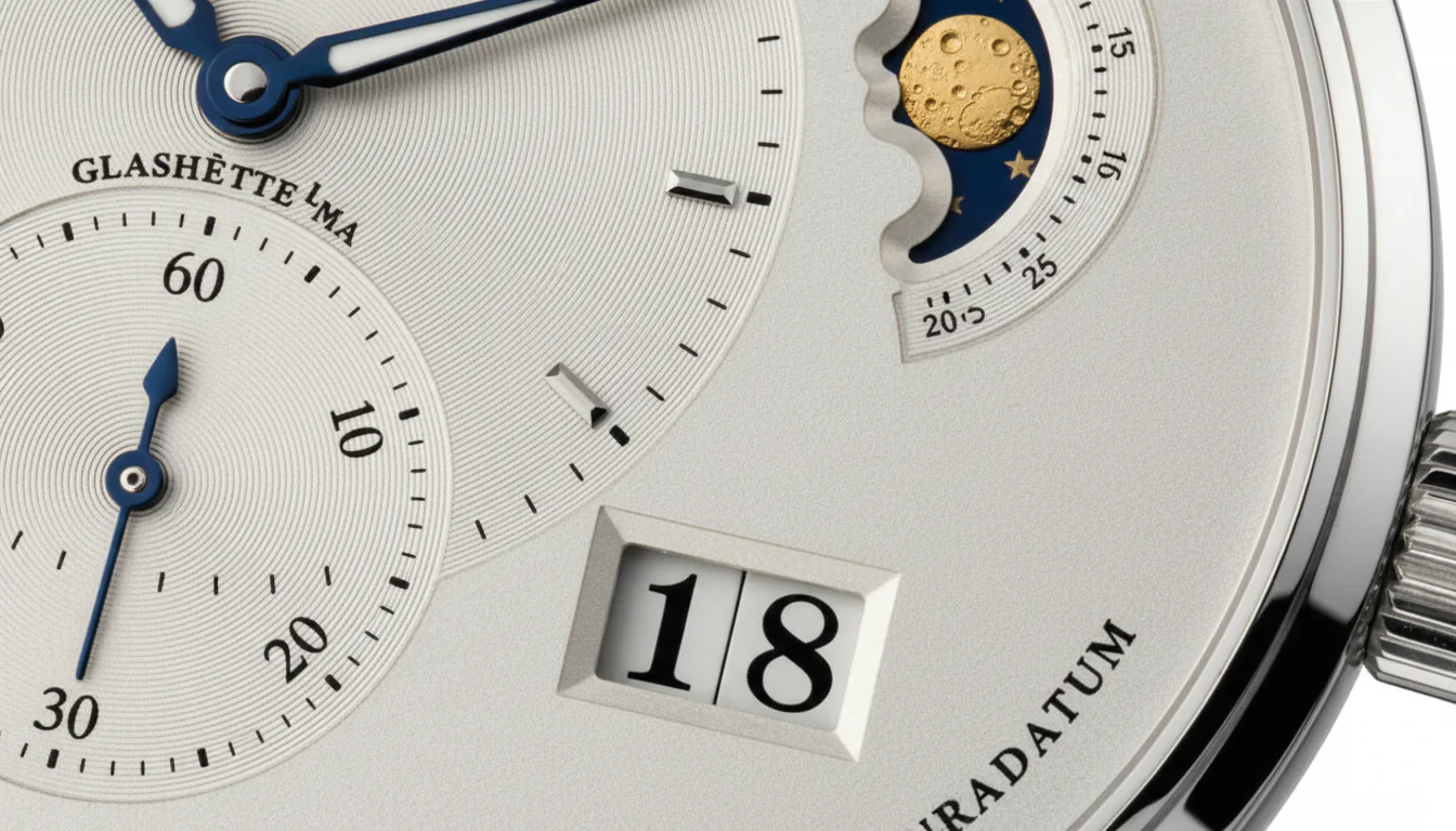 Glashutte Original PanoMaticLunar dial macro showing the moon phase and panorama date apertures