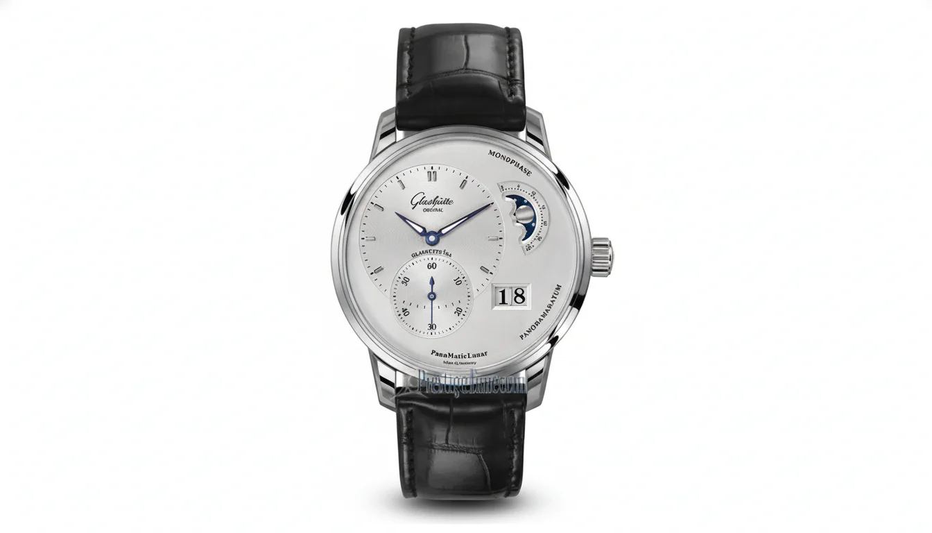 Glashutte Original PanoMaticLunar steel watch with panorama date and moon phase display, front view