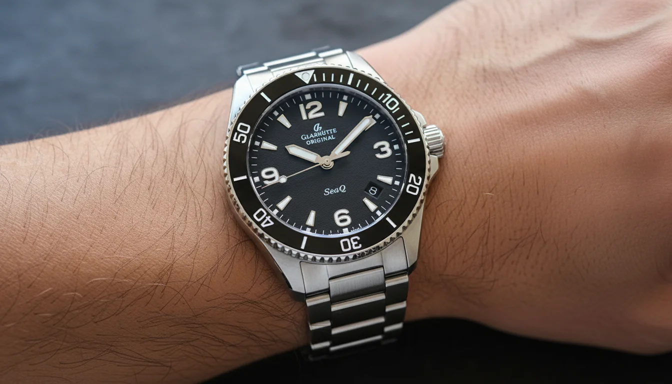 Glashutte Original SeaQ steel dive watch on a wrist, wrist shot