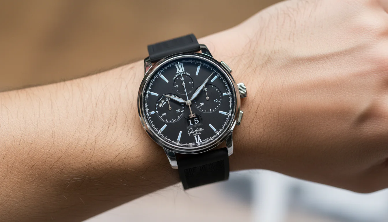Glashutte Original Senator Chronograph Panorama Date in steel on a wrist, wrist shot