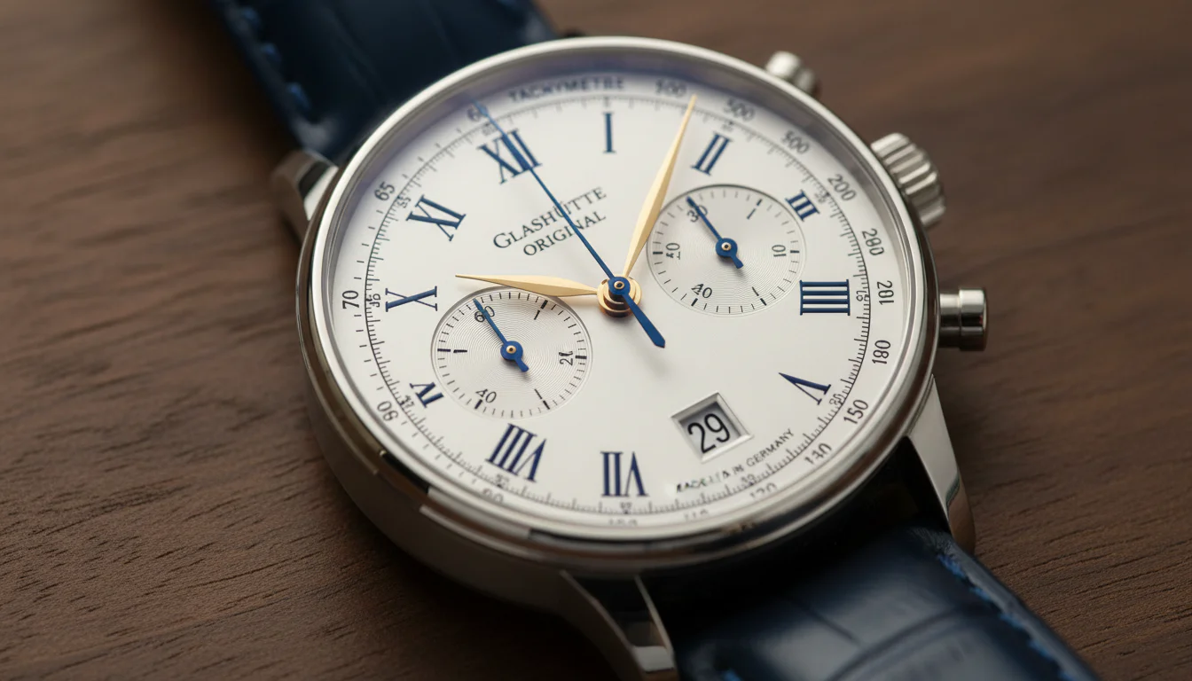 Macro shot of the Glashütte Original Senator Chronograph dial with gold Roman numerals
